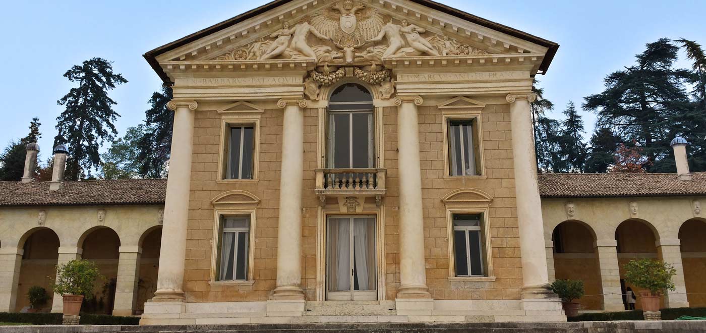 the main facade of Villa Barbaro, a Venetian villa built between 1550 and 1560 by Andrea Palladio