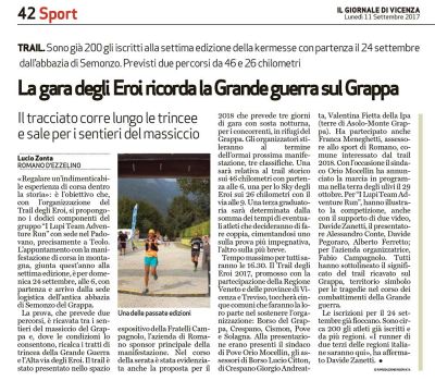 Articolo de Il Giornale di Vicenza per il Trail degli Eroi 2017